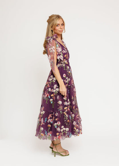 Margaret Floral Midi Dress Purple