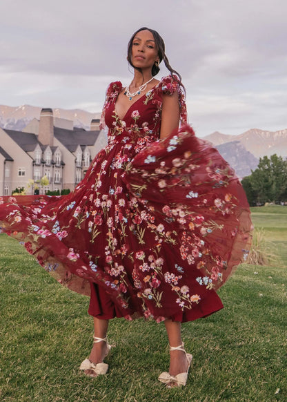 Margaret Floral Midi Dress Red