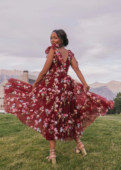 Margaret Floral Midi Dress Red